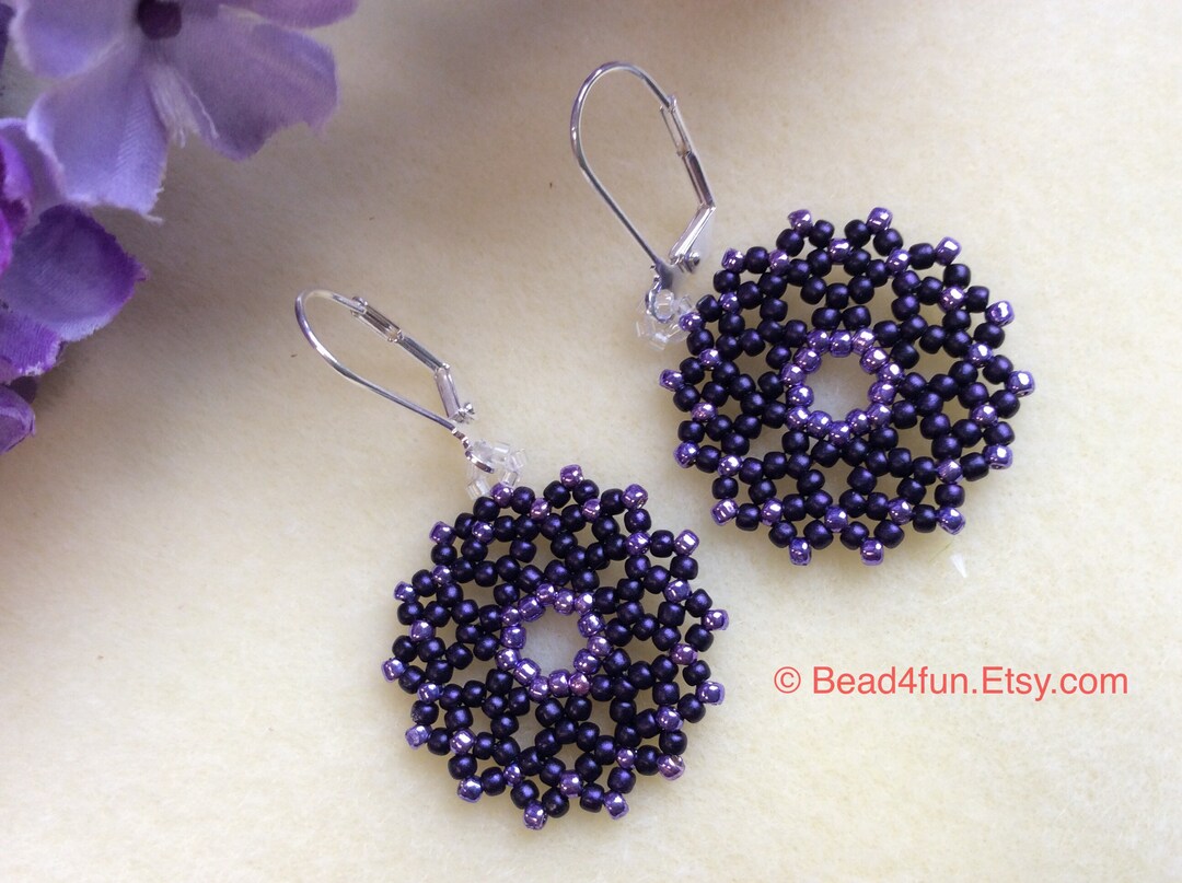 Seed Beaded Circular Earrings, Purple Circle Beaded Earrings, Lace
