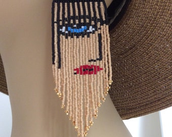 Abstract Face Seed Bead Fringe Earrings - Brick Stitch Beadwork - Dangle Jewelry