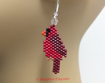 Cardinal Bird Seed Bead Earrings - Brick Stitch Beadwork - Christmas Dangle Jewelry