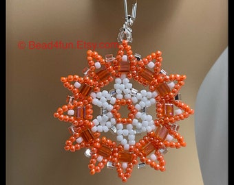 Orange Mandala Seed Bead - Flower Geometric Circular Earrings - Peyote Stitch Beadwork - Dangle Jewelry