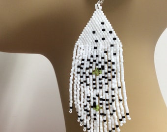 Dandelion Seed Bead Fringe Earrings - Brick Stitch Beadwork - Dangle Jewelry