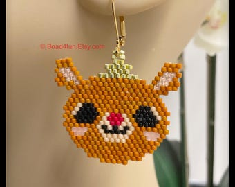 Red-Nose Reindeer Ornament Face Seed Bead Earrings - Christmas Holiday Jewelry - Brick Stitch Beadwork