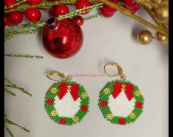 Christmas Wreath Seed Bead Earrings - Holiday Jewelry - Handcrafted Beadwork