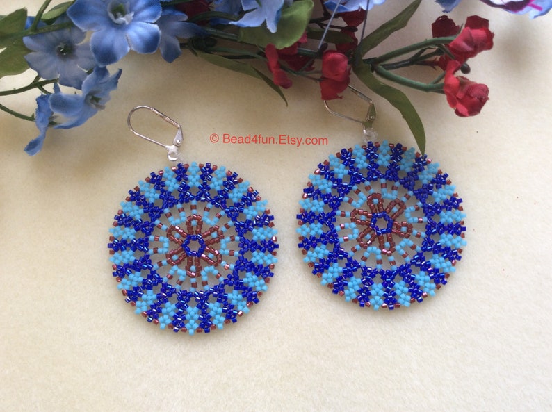 Mandala Seed Beaded Earrings, Blue Earrings, Affordable Gift For her, Limited Edition Gifts jewelry, one of a kind earrings. Lightweight, dainty, elegant and versatile. Witchy jewelry, and western boho style too. Bead4fun.Etsy.com