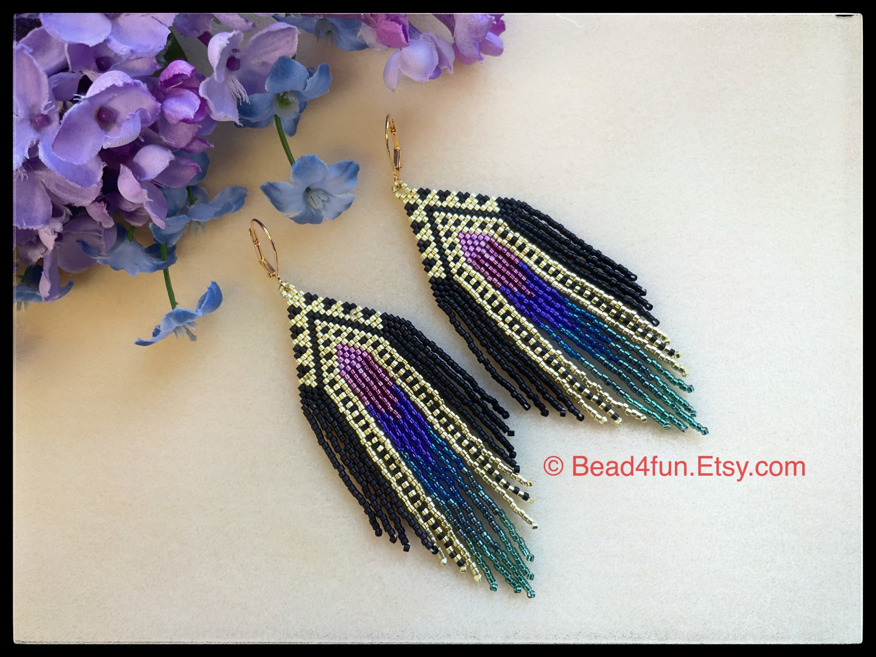 Beaded Fringe Earrings Western Boho Abstract Ombre Rainbow Sunset