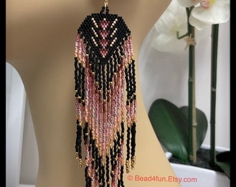 Boho Extra Long Seed Bead Fringe Earrings - Brick Stitch Beadwork - Dangle Jewelry