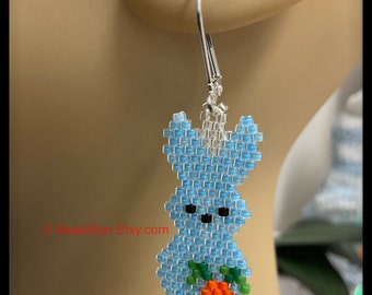 Blue Easter Bunny with Carrot Seed Bead Earrings - Easter Brick Stitch Beadwork - Dangle Jewelry