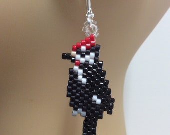 Redhead Woodpecker Seed Bead Earrings - Brick Stitch Beadwork - Dangle Jewelry