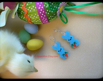 Blue Easter Bunny with Carrot Seed Bead Earrings - Easter Brick Stitch Beadwork - Dangle Jewelry