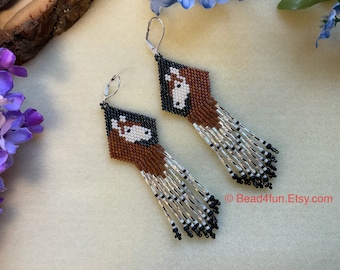 Horse Seed Bead Fringe Earrings - Brick Stitch Beadwork - Dangle Jewelry