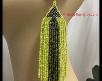 Green Arrow Fringe Seed Bead Earrings - Art Deco Style - Brick Stitch Beadwork - Dangle Jewelry