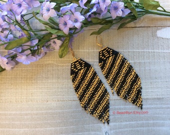 Boho Black and Gold Seed Bead Fringe Earrings - Brick Stitch Beadwork - Dangle Jewelry