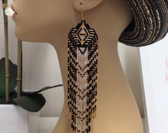 Long Fringe Seed Bead Statement Earrings - Brick Stitch Beadwork - Dangle Jewelry