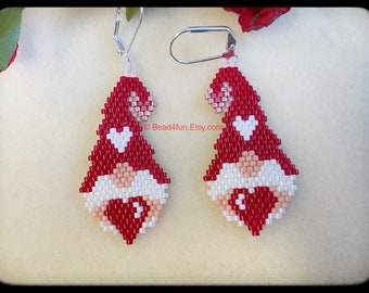 Valentine Seed Bead Gnome Earrings - Brick Stitch Beadwork - Holiday Dangle Jewelry