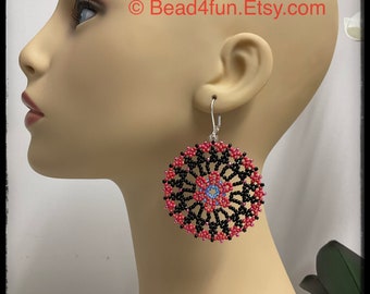 Mandala Inspired Seed Bead - Geometric Circular Earrings - Peyote Stitch Beadwork - Dangle Jewelry