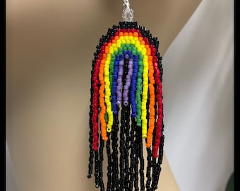 Rainbow Layered Seed Bead Fringe Earrings - Brick Stitch Beadwork - Dangle Jewelry