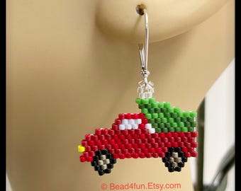 Red Pickup Truck Seed Beaded Christmas Earrings - Brick Stitch Beadwork - Holiday Jewelry