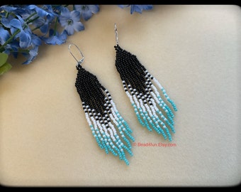 Turquoise Ombre Seed Bead Tassel Earrings - Brick Stitch Beadwork - Fringe Jewelry