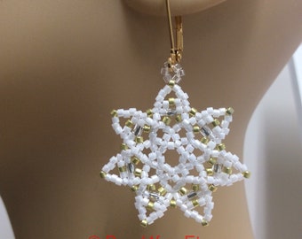 White Snowflake Geometric Seed Bead Earrings - Brick Stitch Beadwork - Dangle Jewelry