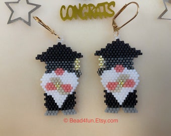 Graduation Gnome Seed Bead Earrings - Brick Stitch Beadwork - Dangle Jewelry