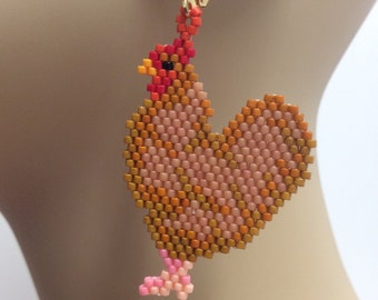 Brown Chicken Seed Bead Earrings - Brick Stitch Beadwork - Animal Dangle Jewelry