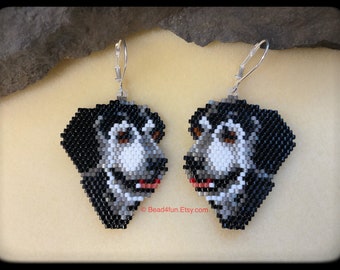 Black Dog Seed Bead Earrings - Brick Stitch Beadwork - Dangle Jewelry
