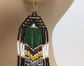 Seed Bead Long Fringe Earrings - Western Boho - Brick Stitch Beadwork - Dangle Jewelry