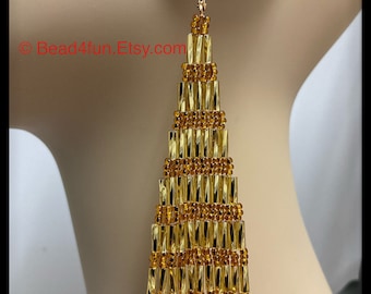 Gold Seed Bead Fringe Earrings - Brick Stitch Beadwork - Dangle Jewelry