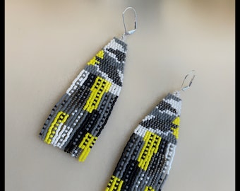 Abstract City Scene Seed Bead Fringe Earrings - Brick Stitch Beadwork - Dangle Jewelry