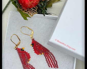 Red Cardinal Seed Bead Fringe Earrings - Brick Stitch Beadwork - Dangle Jewelry