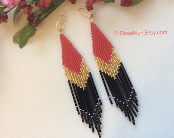 Western Boho Cowgirl Seed Bead Fringe Earrings - Brick Stitch Beadwork - Dangle Jewelry