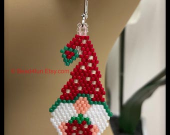 Strawberry Gnome Seed Bead Earrings - Brick Stitch Beadwork - Dangle Jewelry
