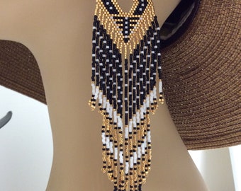 Seed Bead Fringe Art Deco Inspired Earrings - Brick Stitch Beadwork - Dangle Jewelry