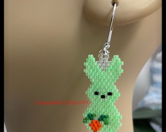 Green Easter Bunny with Carrot Seed Bead Earrings - Easter Brick Stitch Beadwork - Dangle Jewelry