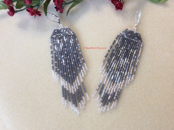 Beaded Fringe Earring Gray and Silver Crystal Fancy Earrings