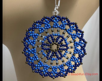 Blue Mandala Seed Bead - Geometric Circular Earrings - Peyote Stitch Beadwork - Dangle Jewelry
