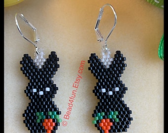 Black Easter Bunny with Carrot Seed Bead Earrings - Easter Brick Stitch Beadwork - Dangle Jewelry