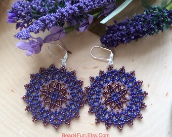 Purple Beaded Circular Lace Net Floral Geometric Symmetrical Elegant Dainty Lightweight Earring. Seed Beaded Earrings, Affordable, Bead4fun