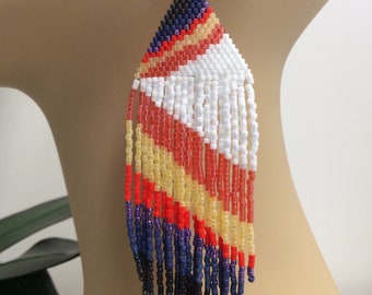 Abstract Boho Western Long Seed Bead Fringe Earrings - Brick Stitch Beadwork - Dangle Jewelry