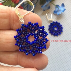 Blue Mini Mandala Seed Bead - Geometric Earrings - Peyote Stitch Beadwork - Dangle Jewelry