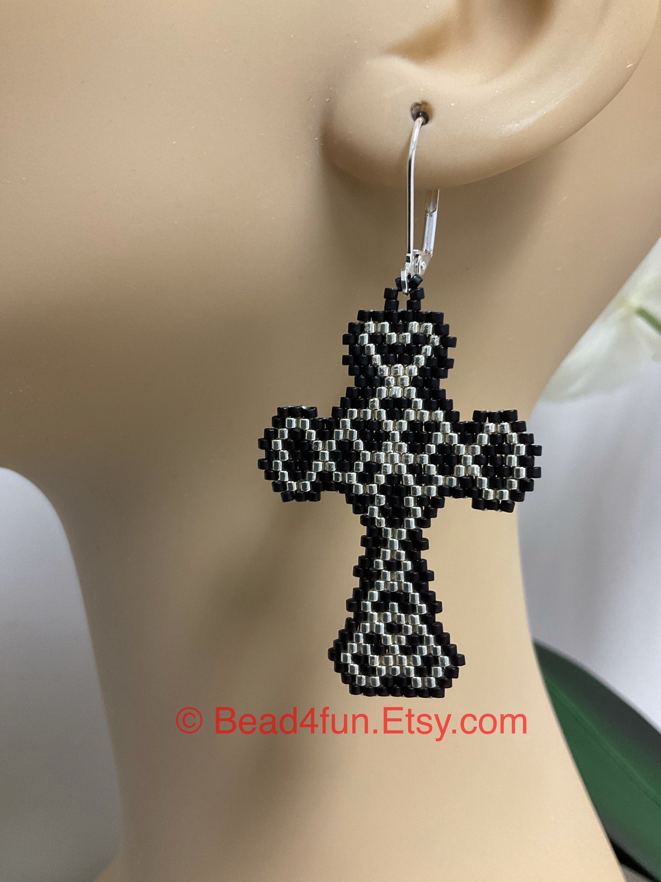 Cross Earrings Black and Silver Beaded Cross With Elegant Silver