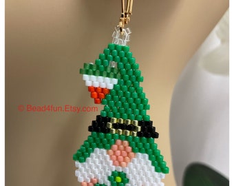 St. Patrick’s Day Shamrock Gnome Seed Bead Earrings - Brick Stitch Beadwork - Holiday Dangle Jewelry