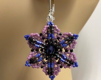 Purple Flower Geometric Peyote Lace Net Seed Bead Earrings - Peyote Stitch Beadwork - Dangle Jewelry