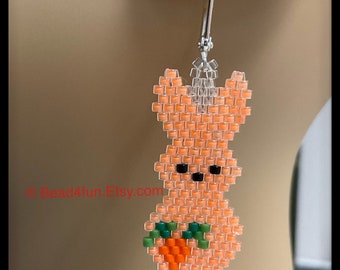 Orange Easter Bunny with Carrot Seed Bead Earrings - Easter Brick Stitch Beadwork - Dangle Jewelry