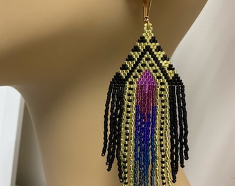 Boho Western Seed Bead Fringe Earrings - Brick Stitch Beadwork - Statement Dangle Jewelry