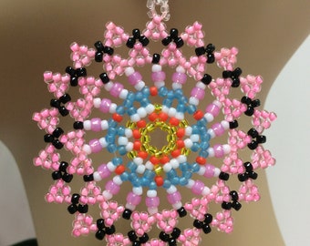 Pink Mandala Seed Bead - Geometric Circular Earrings - Peyote Stitch Beadwork - Dangle Jewelry