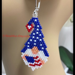 Patriotic Gnome Seed Bead Earrings - Brick Stitch Beadwork - Holiday Dangle Jewelry