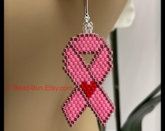 Boucles d'oreilles ruban rose avec perles de rocaille - Sensibilisation au cancer - Perlage Brick Stitch - Bijoux pendants