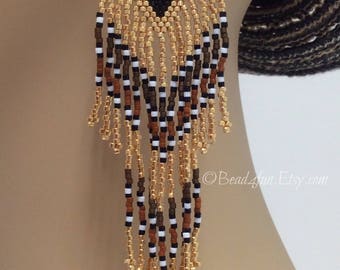Gold Boho Geometric Seed Bead Fringe Earrings - Brick Stitch Beadwork - Dangle Jewelry