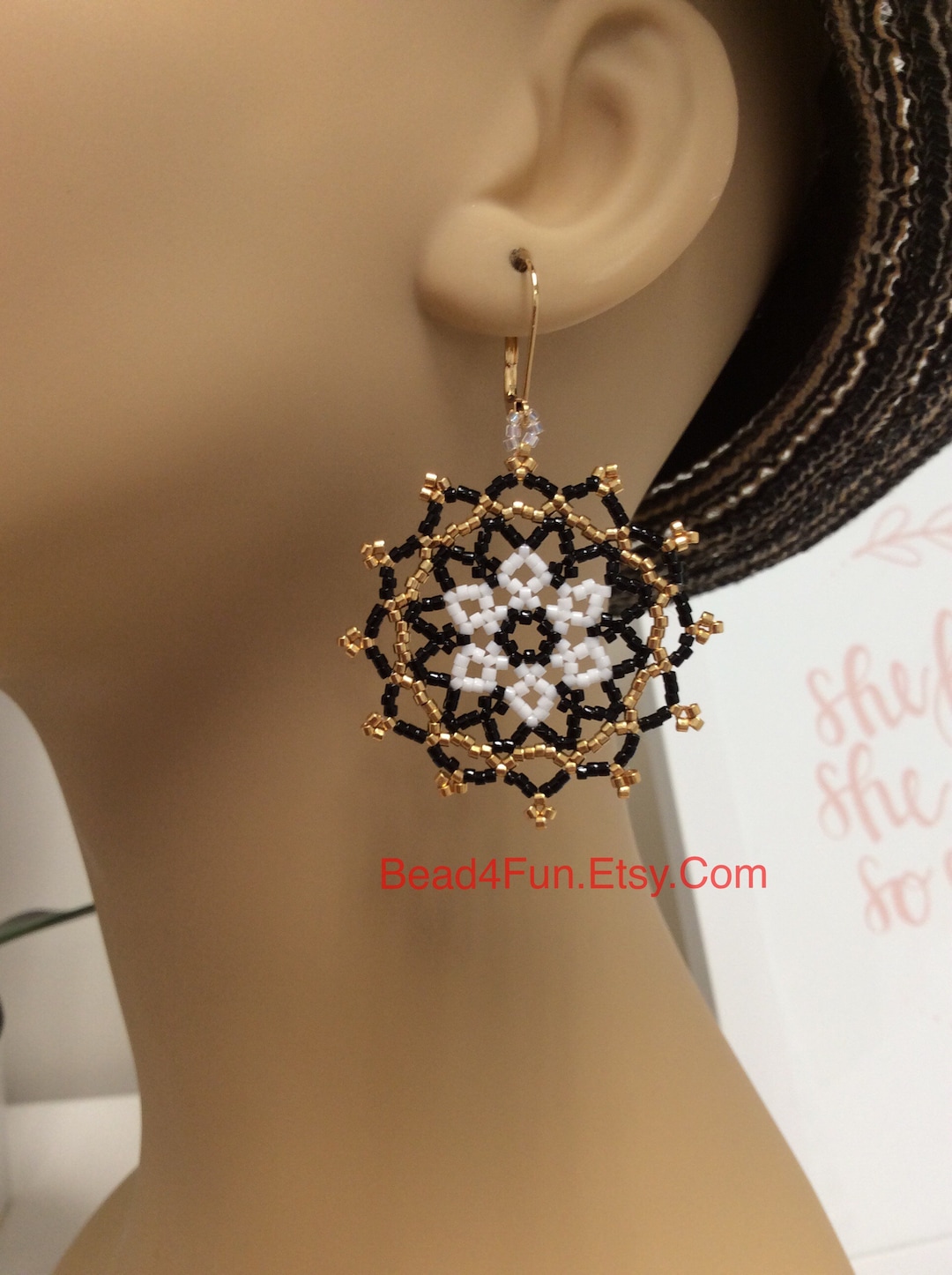 Vintage Floral Star-Shaped Plastic Earrings with Beaded Center